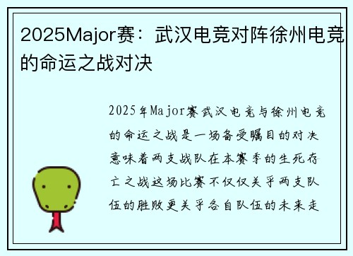 2025Major赛：武汉电竞对阵徐州电竞的命运之战对决